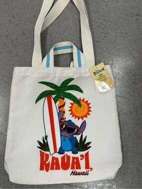 Disney White Tote Bag with Blue Stitch Kauai Surf Graphic